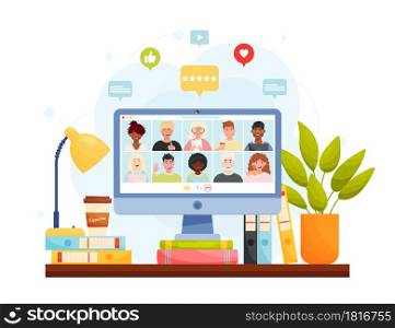 Online video chat conference meeting with diverse group of people. Home office workplace concept. Vector illustration.