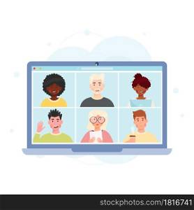 Online video chat conference meeting with diverse group of people. Vector illustration.