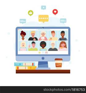 Online video chat conference meeting with group of people. Home office workplace concept with notifications bubbles. Vector illustration.