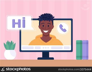 Online video chat with potential romantic partner flat color vector illustration. Holding genuine conversation with mate. Shy young man 2D cartoon character with computer monitor on background. Online video chat with potential romantic partner flat color vector illustration