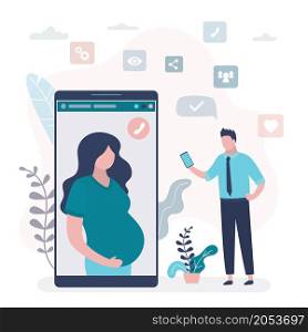 Online video conference. Businessman use smartphone and talking with pregnant wife. Big mobile phone with video chat application. Remote communication technology via internet. Flat vector illustration. Online video conference. Businessman use smartphone and talking with pregnant wife. Big mobile phone with video chat application.