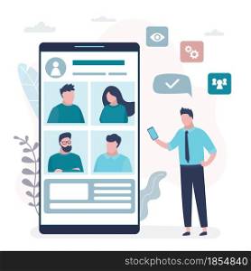 Online video conference. Businessman use smartphone. Big mobile phone with video chat application on screen. Remote communication technology via internet. Flat vector illustration. Online video conference. Businessman use smartphone. Big mobile phone with video chat application on screen.
