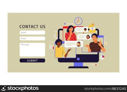 Online video conference concept. Contact us form. Vector illustration. Flat.