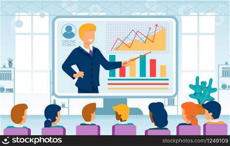 Online Video Conference Flat Vector Concept. Lecturer or Coach on Screen Pointing on Graph, Conducting Business Presentation, Lecture for Employees Illustration. Distant Learning and Skill Improvement