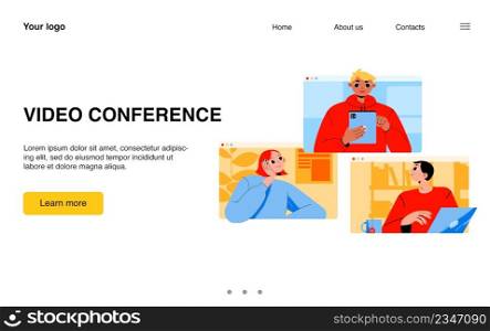 Online video conference landing page, business characters, office workers webcam group call via internet. Employees remote briefing with boss and colleagues on pc screens, Line art vector web banner. Online video conference landing page, webcam call