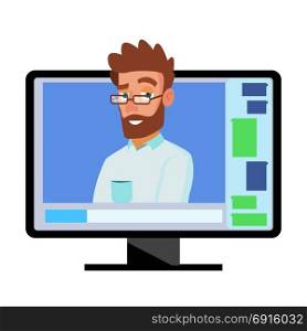 Online Video Conference Vector. Man And Chat. Director Communicates With Staff. Webinar. Business Meeting, Consultation, Seminar, Online Training Concept. Flat Cartoon Isolated Illustration. Online Video Conference Vector. Man And Chat. Director Communicates With Staff. Webinar. Business Meeting, Consultation, Seminar, Online Training Concept. Flat Cartoon Isolated