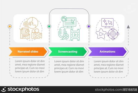 Online video content types rectangle infographic template. Data visualization with 3 steps. Editable timeline info chart. Workflow layout with line icons. Myriad Pro-Bold, Regular fonts used. Online video content types rectangle infographic template