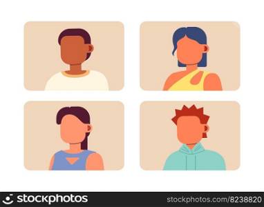 Online video meeting with employees on screens semi flat color vector icons set. Editable full sized elements on white. Simple cartoon style spot illustrations pack for web graphic design, animation. Online video meeting with employees on screens semi flat color vector icons set