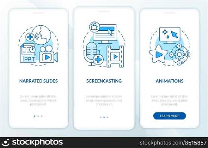 Online video methods blue onboarding mobile app screen. Walkthrough 3 steps editable graphic instructions with linear concepts. UI, UX, GUI template. Myriad Pro-Bold, Regular fonts used. Online video methods blue onboarding mobile app screen