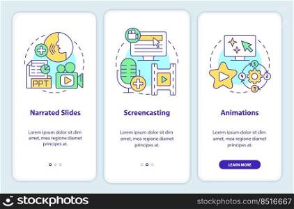 Online video methods onboarding mobile app screen. Walkthrough 3 steps editable graphic instructions with linear concepts. UI, UX, GUI template. Myriad Pro-Bold, Regular fonts used. Online video methods onboarding mobile app screen