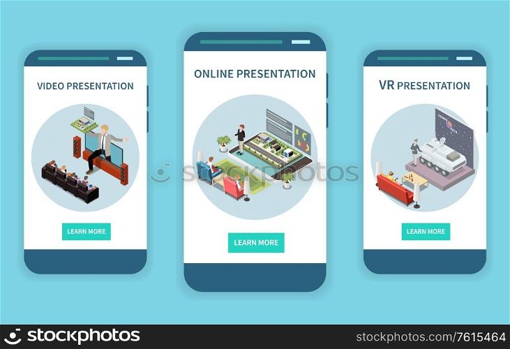 Online video presentation set with modern technology symbols isometric isolated vector illustration