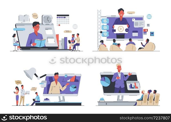 Online video training. Coronavirus isolation and work from home concept, employee training and business meeting. Vector isometric image set of online tutorial for learned student. Online video training. Coronavirus isolation and work from home concept, employee training and business meeting. Vector set of online tutorial