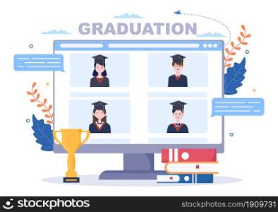 Online Virtual Graduation Day of Students Celebrating Background Vector Illustration Wearing Academic Dress, Graduate Cap and Holding Diploma in Communicate Via Video