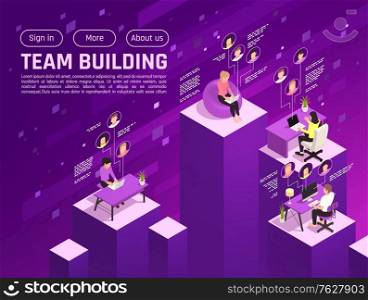 Online virtual team building isometric background with clickable buttons and platforms with human characters working remotely vector illustration
