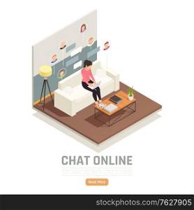 Online virtual team building isometric background with domestic scenery and woman working remotely with employee pictograms vector illustration