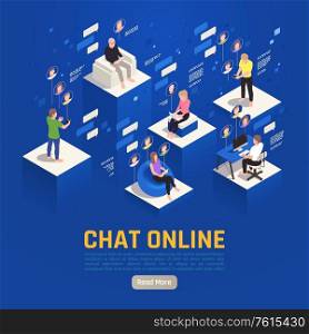 Online virtual team building isometric background with editable text read more button and people with pictograms vector illustration