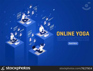 Online virtual team building isometric background with meditating human characters editable text and read more button vector illustration