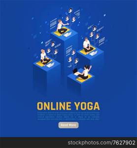 Online virtual team building isometric background with read more button and editable text with meditating people vector illustration