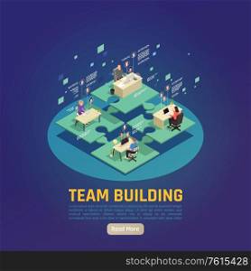 Online virtual team building isometric background with set of platforms with working people and clickable button vector illustration