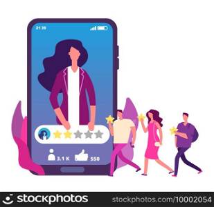 Online voting concept. People raise the girls rating vector illustration. Online vote to rating success, social feedback. Online voting concept. People raise the girls rating vector illustration