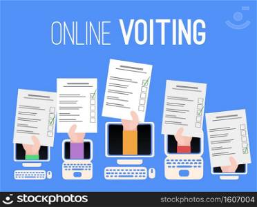 Online voting in self isolation. Silhouettes of a computer, laptop and tablet with rice hand with voting list on blue background. People choice. Vector postcard for banners, templates and your design.. Online voting in self isolation. Silhouettes of a computer, laptop and tablet with rice hand with voting list on blue background. People choice. Vector postcard