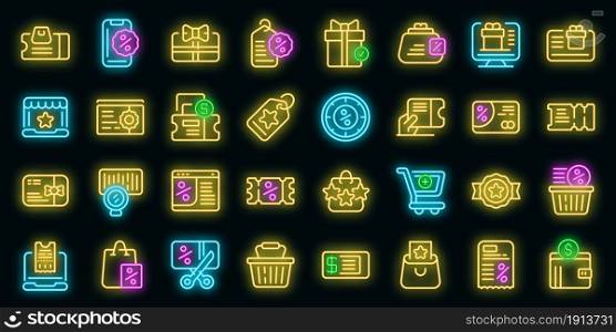 Online voucher icons set. Outline set of online voucher vector icons neon color on black. Online voucher icons set vector neon