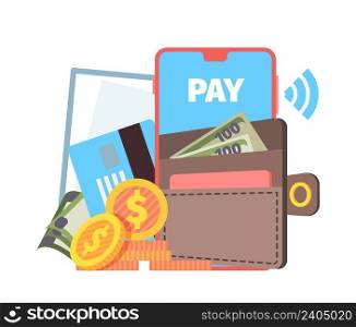 Online wallet concept. Phone contactless pay, purse with cash money on smartphone screen vector illustration. Smartphone payment transaction and pay mobile. Online wallet concept. Phone contactless pay, purse with cash money on smartphone screen vector illustration