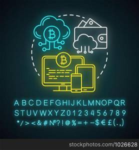 Online wallet neon light concept icon. E payment idea. Web wallet in cloud storage. Payment via computing device. Glowing sign with alphabet, numbers and symbols. Vector isolated illustration
