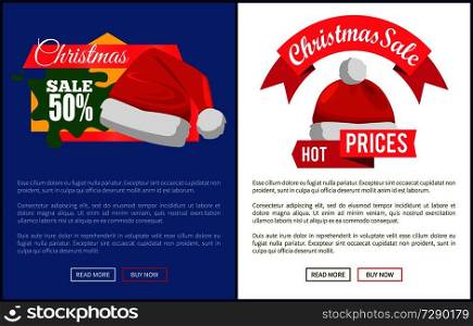 Online web page Christmas sale with Santa Claus hats on promo labels, vector web posters with text, buttons read more and buy now, advertisement badge. Online Web Page Christmas Sale and Santa Claus Hat