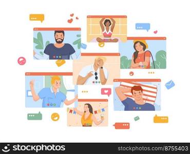 Online webinar of friends. Corporate friendly team on zoom conference, internet video message, group interview, vector illustration. Discussion conference video chat. Online webinar of friends. Corporate friendly team on zoom conference, internet video message, group interview, vector illustration