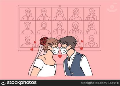 Online wedding during epidemic concept. Young loving couple wearing protective medical masks during wedding ceremony with online guests at pandemic times vector illustration . Online wedding during epidemic concept.