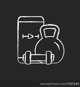 Online weightlifting exercises training chalk white icon on dark background. Sence wellbeing improvement, stamina and weight management. Isolated vector chalkboard illustration on black. Online weightlifting exercises training chalk white icon on dark background.