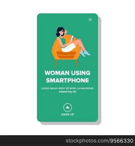 online woman using smartphone vector. young internet, adult mobile, phone caucasian online woman using smartphone web flat cartoon illustration. online woman using smartphone vector