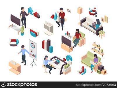 Online work. Live video streaming with remote office workers web conference businessman digital persons webinar garish vector isometric collection set. Online freelance remote workplace illustration. Online work. Live video streaming with remote office workers web conference businessman digital persons webinar garish vector isometric collection set