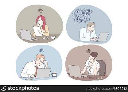 Online work, thinking during work with laptop in office concept. Young business people office workers or managers sitting in office and thinking about presentations or analytics work on laptops. Online work, thinking during work with laptop in office concept