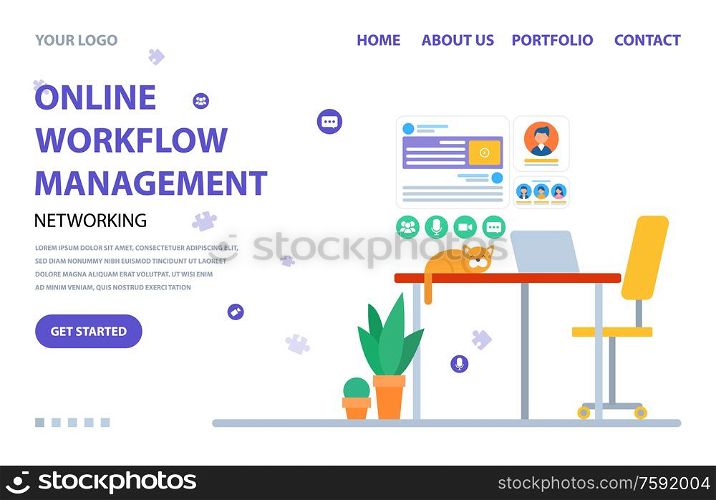 Online workflow management homepage, cat sitting on table with laptop, interface of web icon on white, service online, management app, work vector. Website or webpage template, landing page flat style. Management Online, Workflow Website Service Vector