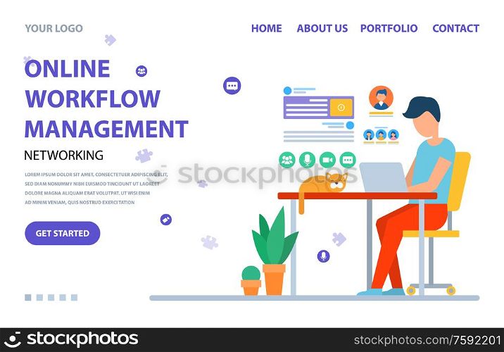 Online workflow management networking, male working with laptop, cat sitting on table, web icon. People communication with wireless device vector. Website or webpage template, landing page flat style. Person Using Laptop, Online Workflow Web Vector