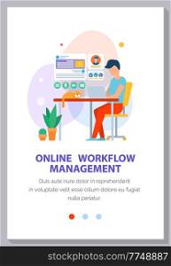 Online workflow management person working with laptop at his workplace. Website landing page template flat vector illustration. Male communicates using computer wireless device and profile icon. Online workflow management person working with laptop at his workplace. Website landing page