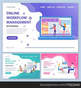 Online workflow management vector, people with screen and laptops on conference meeting of employees in office. Man and woman with board. Website or webpage template, landing page flat style. Online Workflow Management and Conference Web