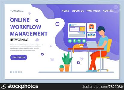 Online workflow management vector, person working on laptop with pet sleeping on table. Office with computer and plants growing in small pots. Website or webpage template, landing page flat style. Online Workflow Management Online Website Text