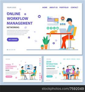 Online workflow management vector, team interaction activities and video conference with usage of new technologies and business innovations. Website or webpage template, landing page flat style. Online Workflow Management Website Online Info