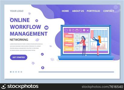 Online workflow management vector, woman with laptop and information in visual representation. People working on analytics and analysis online. Managers analyze informations from website on monitor. Online Workflow Management Online Website Info