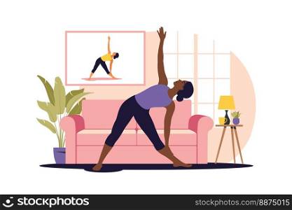 Online workout concept. African woman doing yoga at home. Watching tutorials on a TV. Sport exercise in a cozy interior. Vector illustration. Flat.