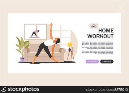 Online workout concept. Landing page template for web. Woman doing yoga at home. Watching tutorials on a laptop. Sport exercise in a cozy interior. Vector illustration. Flat.