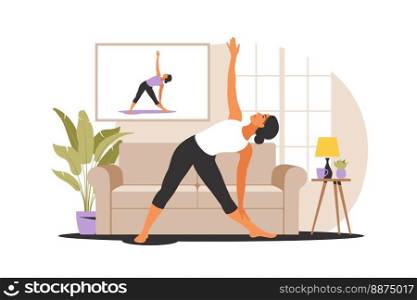 Online workout concept. Woman doing yoga at home. Watching tutorials on a TV. Sport exercise in a cozy interior. Vector illustration. Flat.