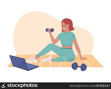 Online workout program 2D vector isolated illustration. Sport activity at home. Woman following exercise flat character on cartoon background. Colorful editable scene for mobile, website, presentation. Online workout program 2D vector isolated illustration