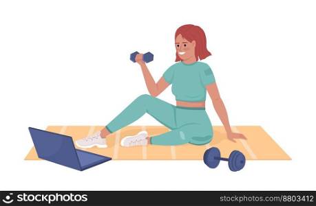 Online workout program semi flat color vector character. Editable figure. Full body people on white. Woman following exercise simple cartoon style illustration for web graphic design and animation. Online workout program semi flat color vector character