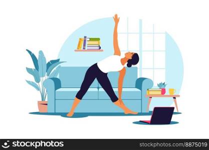 Online workout. Woman doing yoga at home. Watching tutorials on a laptop. Sport exercise in a cozy interior. Vector illustration. Flat.