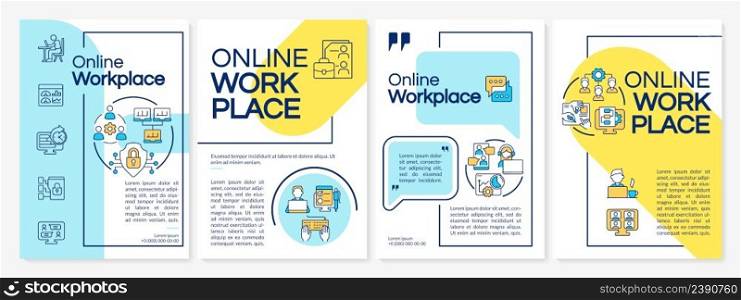 Online workplace blue and yellow brochure template. Virtual office building. Leaflet design with linear icons. 4 vector layouts for presentation, annual reports. Questrial, Lato-Regular fonts used. Online workplace blue and yellow brochure template