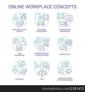 Online workplace blue gradient concept icons set. Business tools. Virtual office idea thin line color illustrations. Isolated symbols. Editable stroke. Roboto-Medium, Myriad Pro-Bold fonts used. Online workplace blue gradient concept icons set